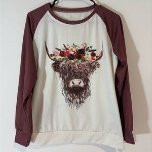 Women’s Medium Long Sleeve Shirt/Thin Sweat Shirt Western Cow Boho Casual Raglan